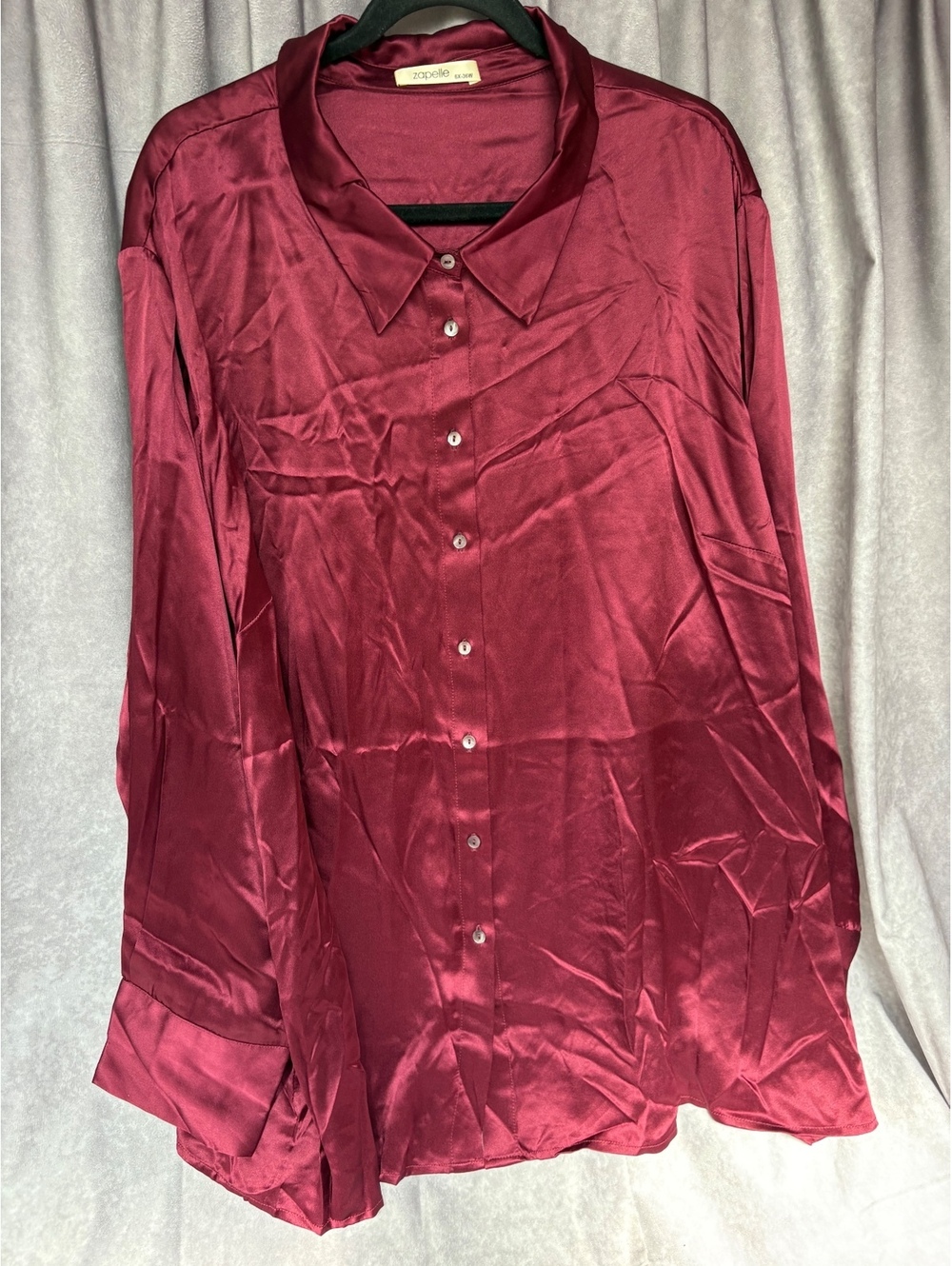 Zapelle 6X 36W Burgundy Satin Button Down Blouse Plus Size Long Sleeve Shirt